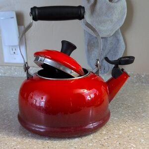 Le Creuset Red Enamel Whistling Tea Kettle with Black Handle